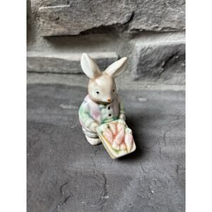 Vintage Collectible Porcelain Mini Rabbit Figurine Carrots Wagon Blue Prairie